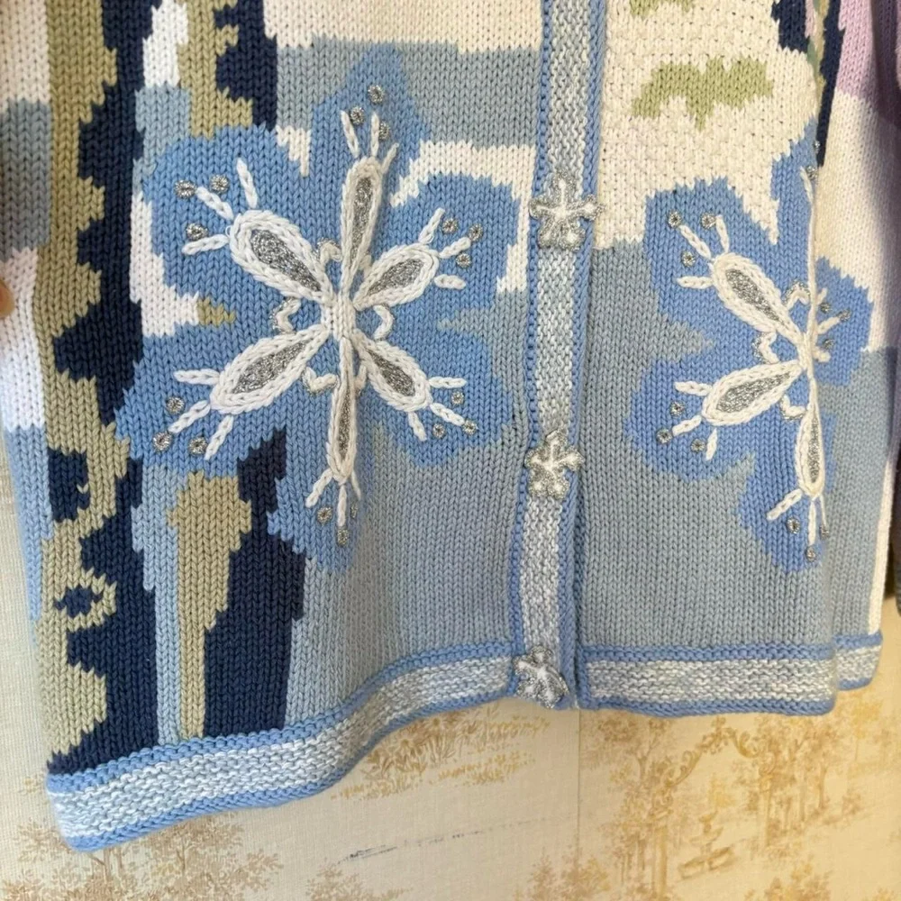 Vintage Storybook Knits purple snowflake Christmas art to wear cardigan sweater - Picture 8 of 8